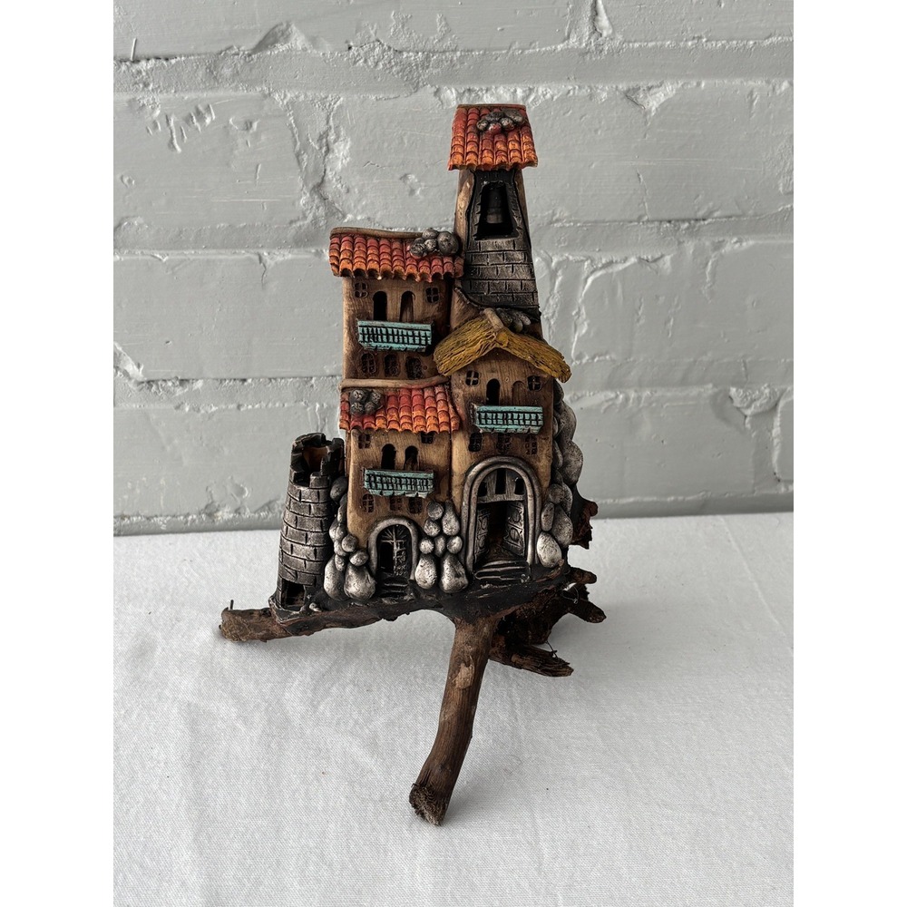 Handmade Peruvian Earthenware Castle on Wood Halloween decor, dark ornate